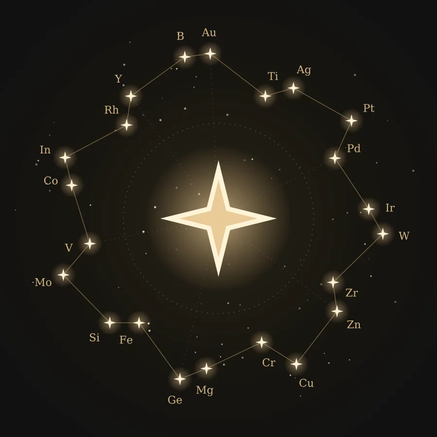Constellation: twenty-two element stars around a gold nanostar