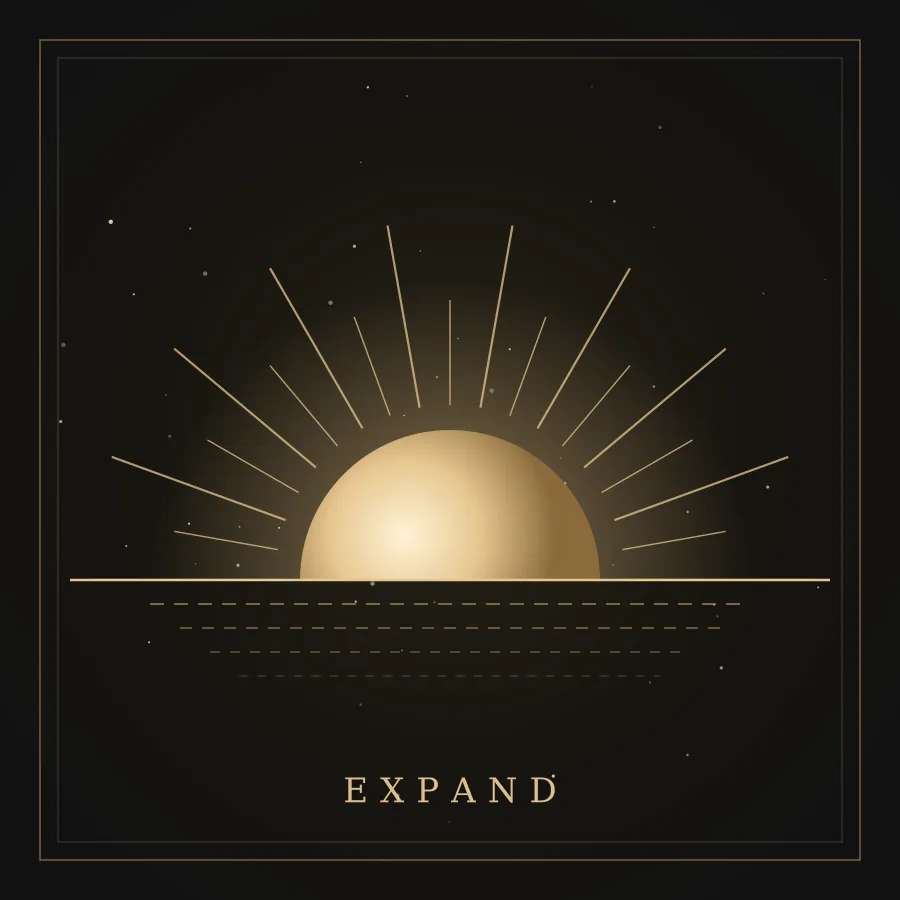 Expand: the sun rising over a calm horizon