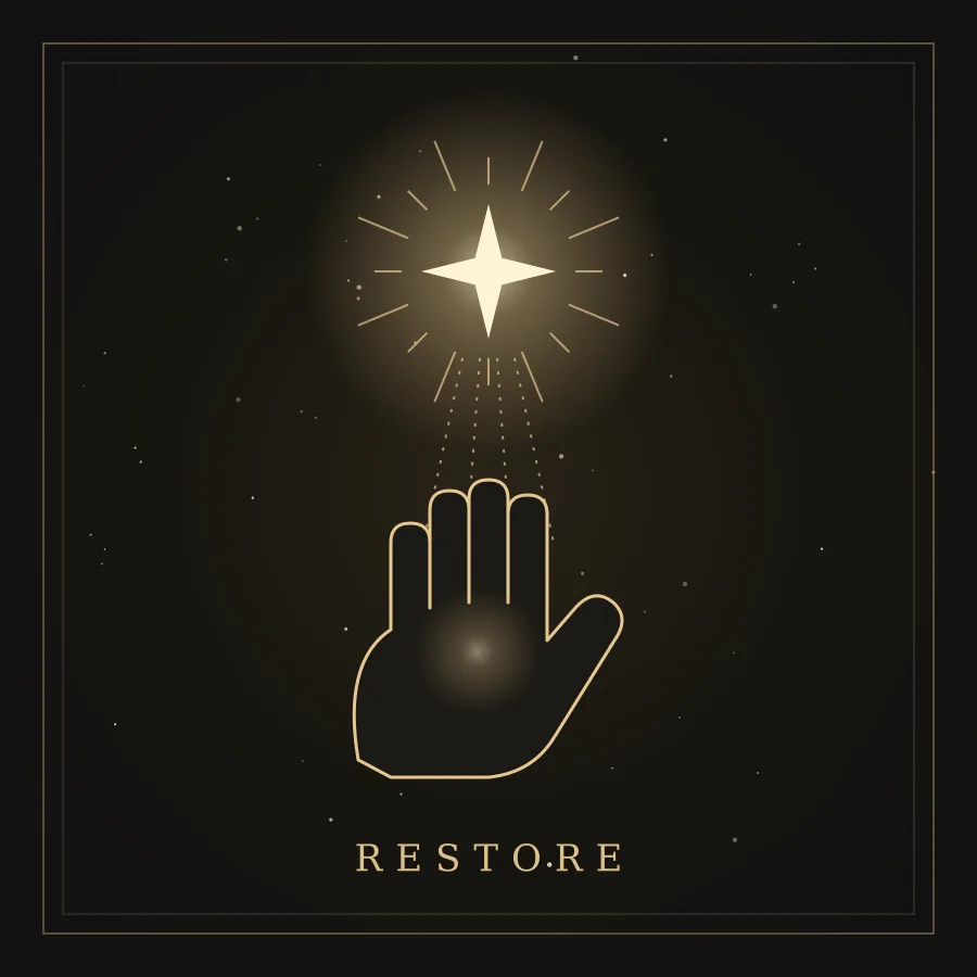 Restore: an open hand receiving light from a radiant star